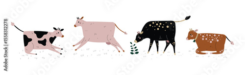 Cow with Udder and Bell Grazing on Pasture as Dairy Cattle Breeding and Farming Vector Set