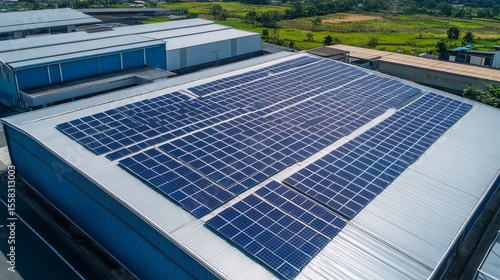 Wallpaper Mural Aerial view of a large industrial building with extensive solar panel installation on its roof.  Green fields are visible in the background Torontodigital.ca