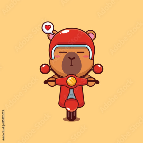 Cute capybara mascot cartoon character illustration ride on scooter