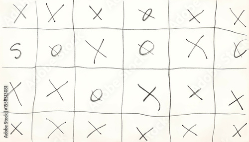 Hand-drawn tic-tac-toe game with X and O marks on paper  