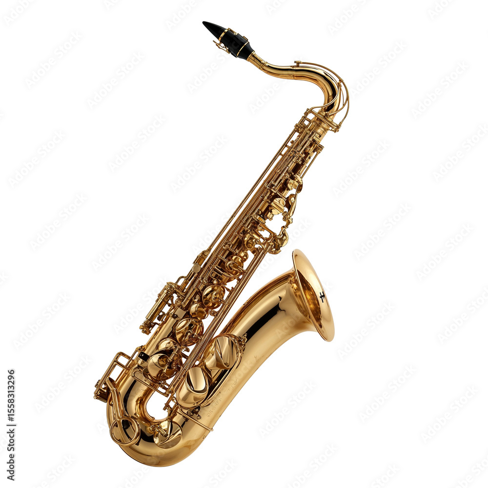 Fototapeta premium Golden saxophone on white background conveying musical mood and copy space