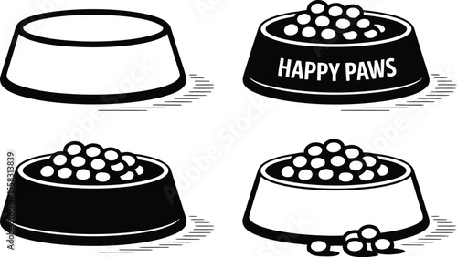 Four dog bowls with one empty and three filled with dog food pellets