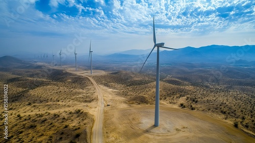 Aerial view of wind turbines in a desert landscape under a partly cloudy sky.  A dirt road winds through the arid terrain