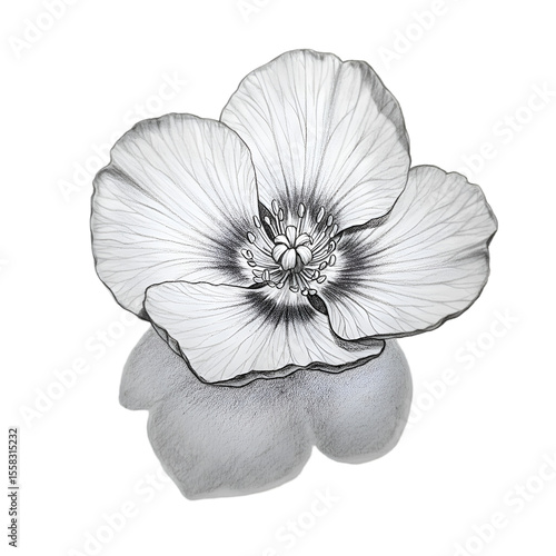Detailed grayscale drawing of a poppy flower