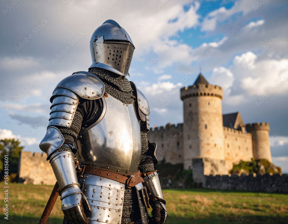 Medieval Chivalry – Armored Knight with Castle Background Medieval Chivalry – Armored Knight with Castle Background