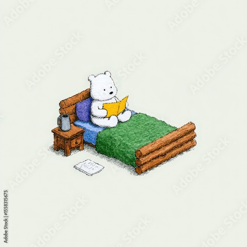 Cute pastel bear writing letters in cozy cabin