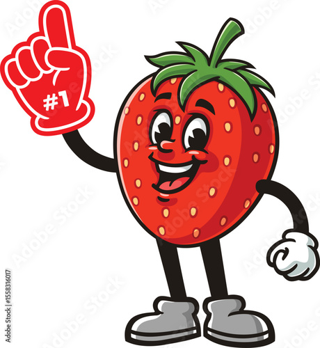 Strawberry character cartoon holding a giant foam finger
