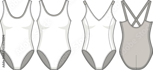 
Sleek One-Piece Swimsuit Technical Flat Sketches: Classic Scoop Neck & Criss-Cross Back Styles for Swimwear Mockups