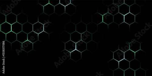 Hexagonal cyberspace green background. Hexagon grid tech pattern.