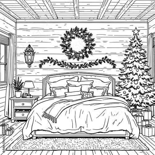 .Black-and-White Vector Illustration of Cozy Winter Bedroom – Holiday Retreat with Decor and Warmth