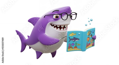 Shark character reading a book illustration