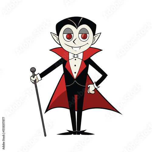 Elegant vampire with a cane depicted as a stylish character on a clean white background
