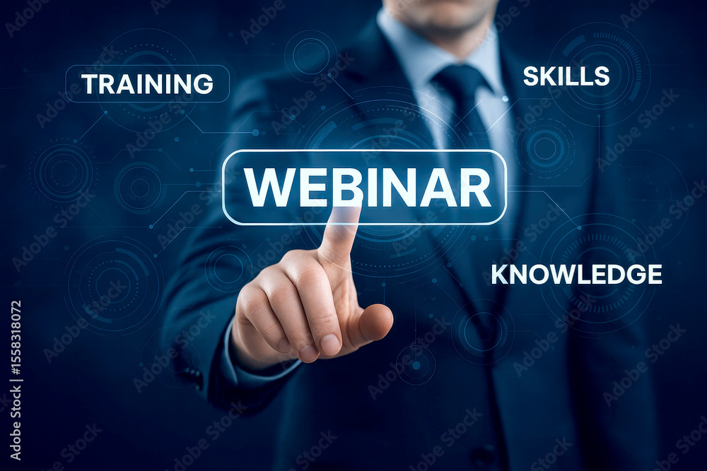Obraz premium Man touching futuristic webinar interface with training skills and knowledge technology