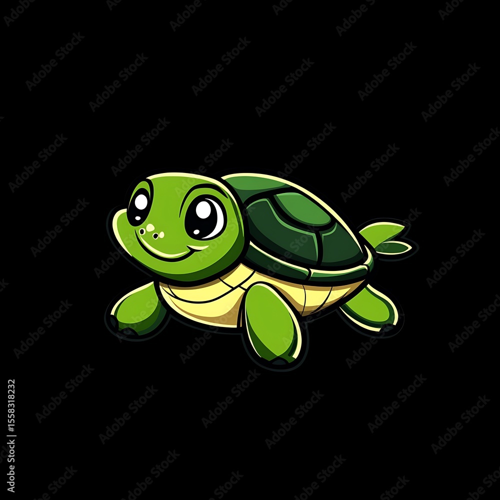 Fototapeta premium Cute cartoon turtle character with vibrant colors, set against a solid black background