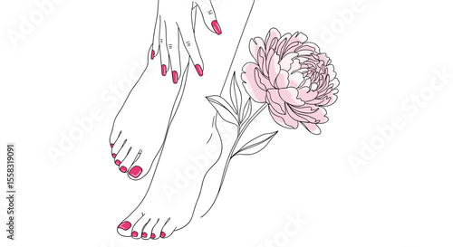  Pedicure and manicure with peony - one line doodle drawing with watercolor fill, minimalistic vector illustration on white background