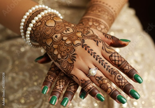 Intricate henna designs adorn hands with pearl bracelet and green nails