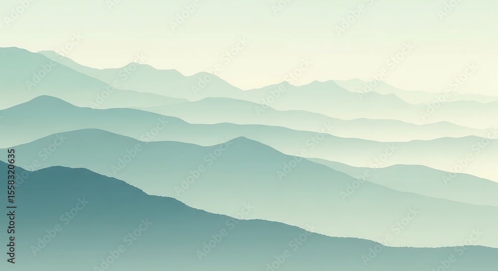 Fototapeta premium Layers of misty mountain ranges fading into a soft, ethereal atmosphere.