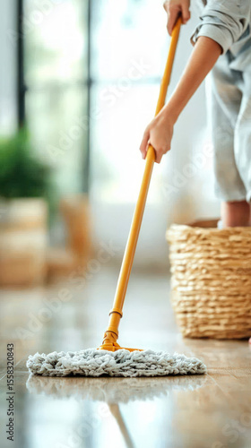 Close-up of a child mopping a tiled floor.  A young person's hands grip a yellow mop handle, light grey mop head sweeping the shiny floor.  A woven basket sits beside them