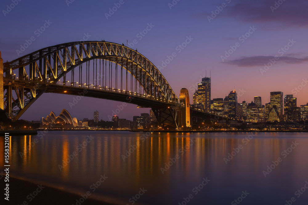 Naklejka premium Sydney harbor bridge and opera house at dusk with city skyline view