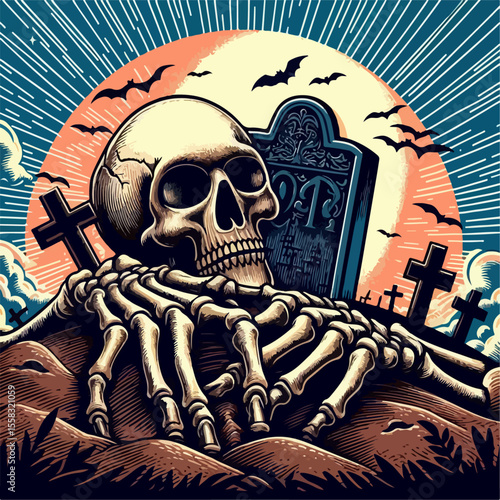 illustration of skeleton hand  on a grave 