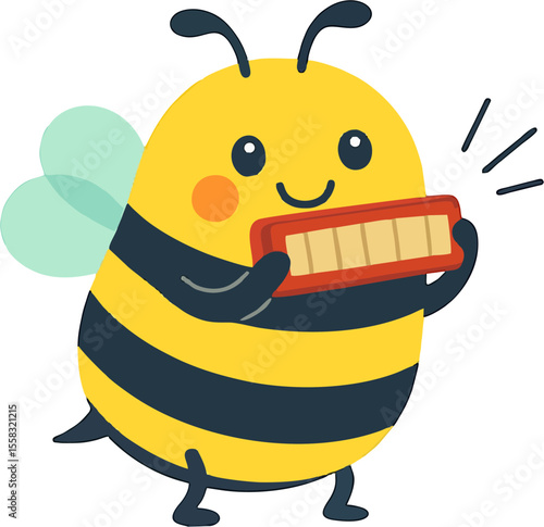 cute cartoon bee playing harmonica with musical notes and expressive face for kids vector insect illustration