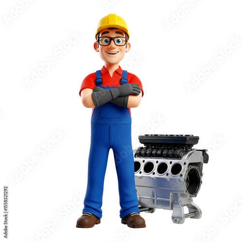 Cartoon Mechanic with Engine: Auto Repair Service