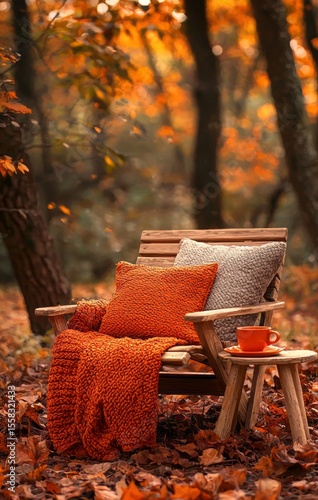 A rustic chair adorned with vibrant orange throws sits peacefully amidst a picturesque autumn forest, offering a perfect spot for reflection and enjoying nature's beauty.