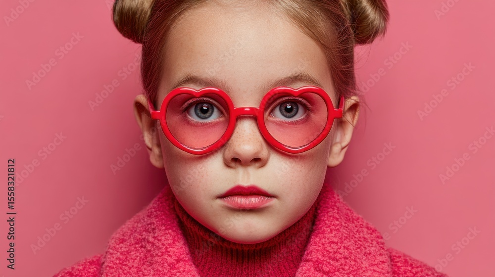 Child wearing unique heart-shaped glasses poses against a pink background during a vision testing session Child wearing unique heart-shaped glasses poses against a pink background during a vision testing session