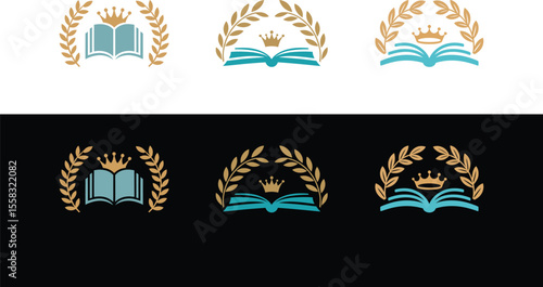 Elegant book crown and laurel wreath logos education knowledge learning and success