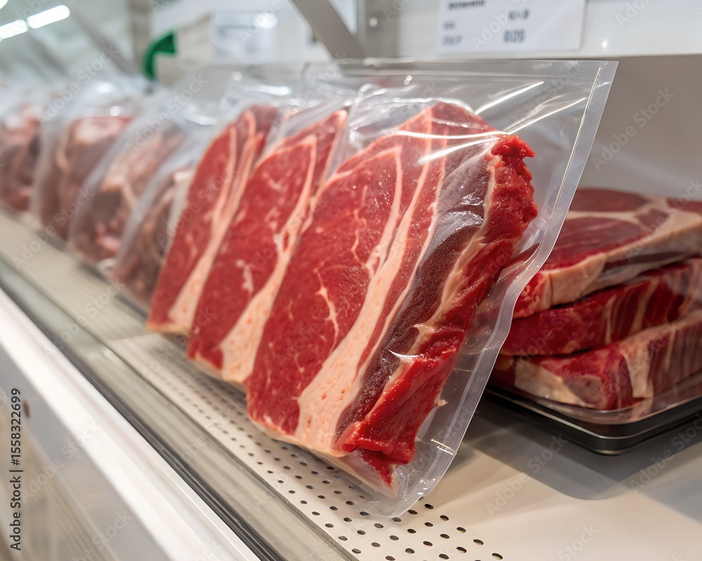 Raw cuts of beef packaged in clear vacuum-sealed plastic for displayRaw cuts of beef packaged in clear vacuum-sealed plastic for display Raw cuts of beef packaged in clear vacuum-sealed plastic for displayRaw cuts of beef packaged in clear vacuum-sealed plastic for display
