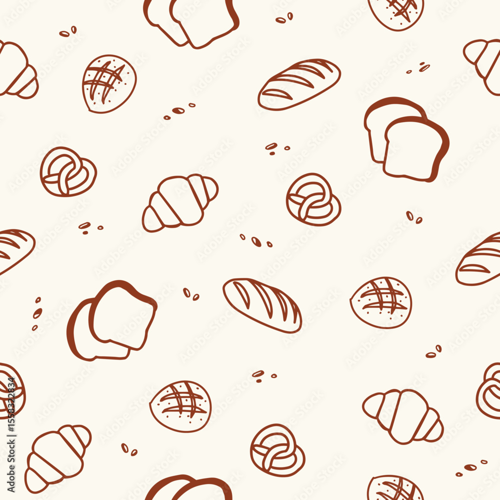 Fototapeta premium Bakery art line seamless pattern in brown color. Hand drawn ornament vector illustration.