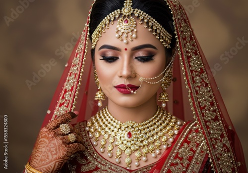 Beautiful indian bride adorned in traditional red and gold wedding attire