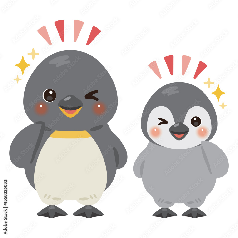Fototapeta premium グッドサインを出すペンギン親子のキャラクターイラスト