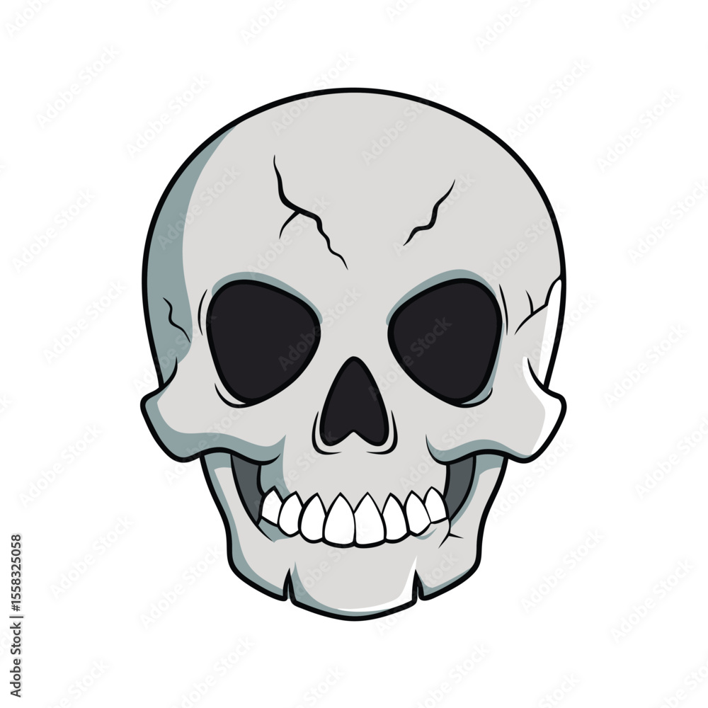 Fototapeta premium Detailed illustration of a human skull with prominent cracks and sharp teeth presented on a clean white background