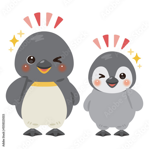 グッドサインを出すペンギン親子のキャラクターイラスト
