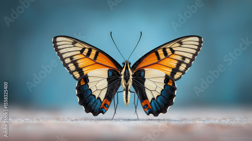 Close-up of a vibrant butterfly, wings spread wide, showcasing intricate patterns of orange, cream, and navy blue.  Soft, muted teal backdrop