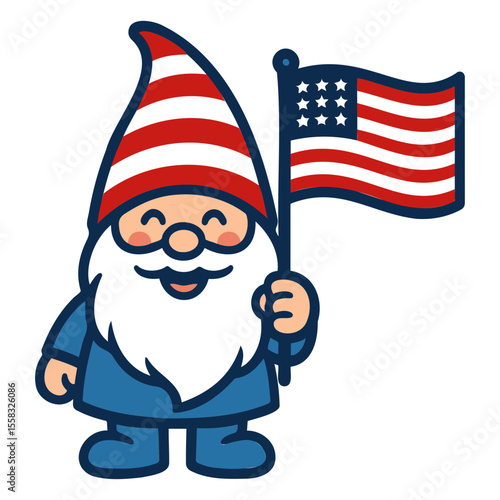 A patriotic gnome with a striped hat and a beard holding an american flag illustration