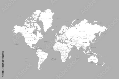 White world map on grey background. High detail political map with country names. Vector Illustration. 
