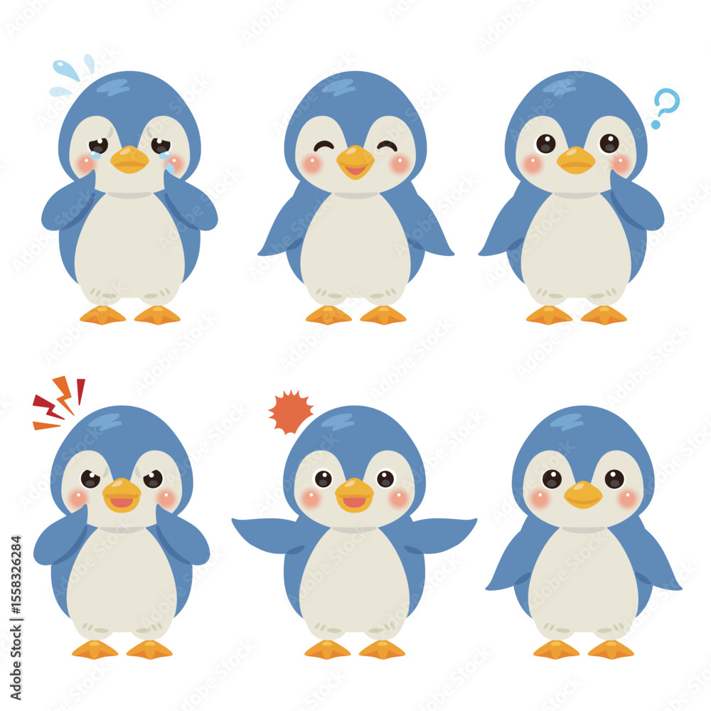 Fototapeta premium 青いペンギンのキャラクターイラスト 表情セット