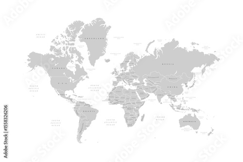 World map on white background. Ultra detailed political map with country names. Vector Illustration. 