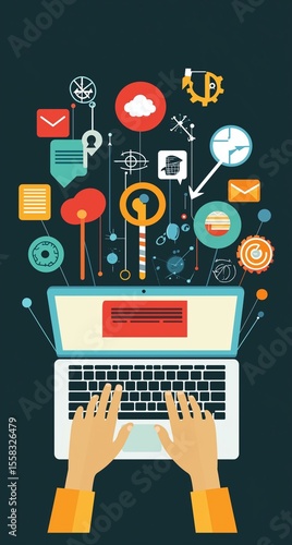 Online education and digital learning concept. Hands typing on a laptop with education icons such as diploma, brain, and target, ideal for e-learning platforms, digital skill development.
