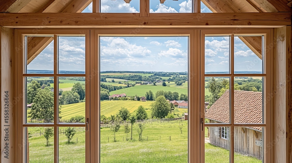 Fototapeta premium Panoramic countryside view seen through a large wooden window, showcasing rolling hills, fields, and distant houses under a partly cloudy sky