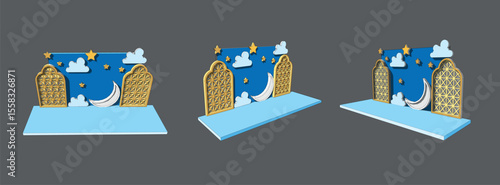 3d illustration islamic stage presentation talkshow with blank space for your image and backdrop ornament islamic wing style. for ramadan kareem