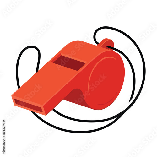 Red referee whistle with a cord, a symbolic sport communication equipment for football and soccer games, isolated on a white background