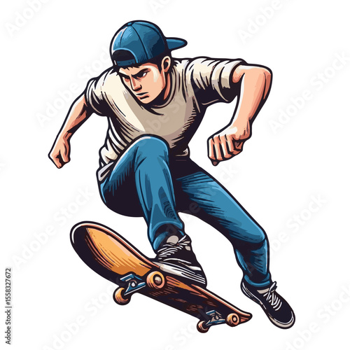 Boy in action, a fun, active teenager skateboarder jumping isolated on white