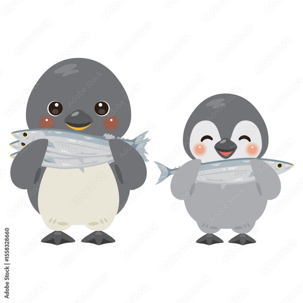 Naklejka premium 魚を抱えたペンギン親子のキャラクターイラスト