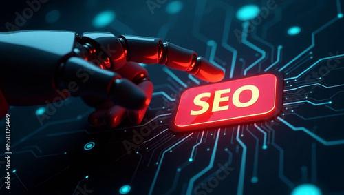 Futuristic Robotic Hand Pressing SEO Button on Digital Interface  AI-Powered Search Optimization Concept