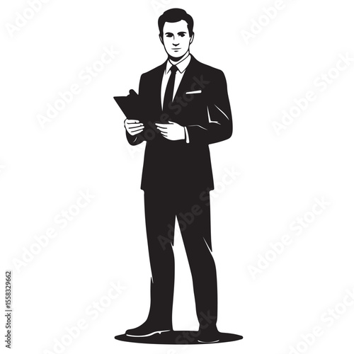 Confidently standing, a handsome professional businessman in a suit, holding a briefcase or clipboard, embodies corporate success