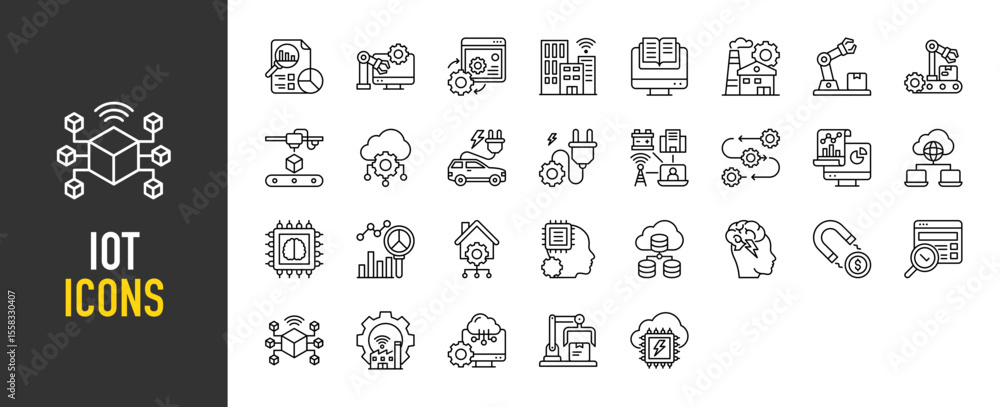 Iot icons. Artificial Intelligence, Machine, Analytic, Robot, Plug, Car, Chart, Building, Machine Learning, Automation, Smart City, Library, Industry, Production vector on white background Iot icons. Artificial Intelligence, Machine, Analytic, Robot, Plug, Car, Chart, Building, Machine Learning, Automation, Smart City, Library, Industry, Production vector on white background