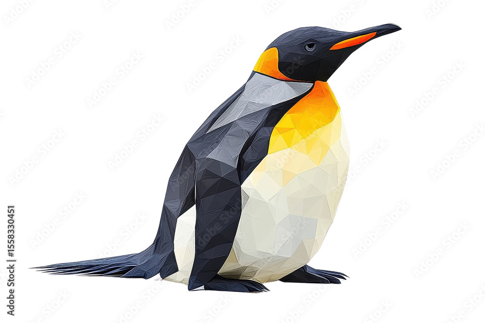 Obraz premium A low polygon style penguin, isolate on white background, with sharp geometric shapes and bold colors. PNG